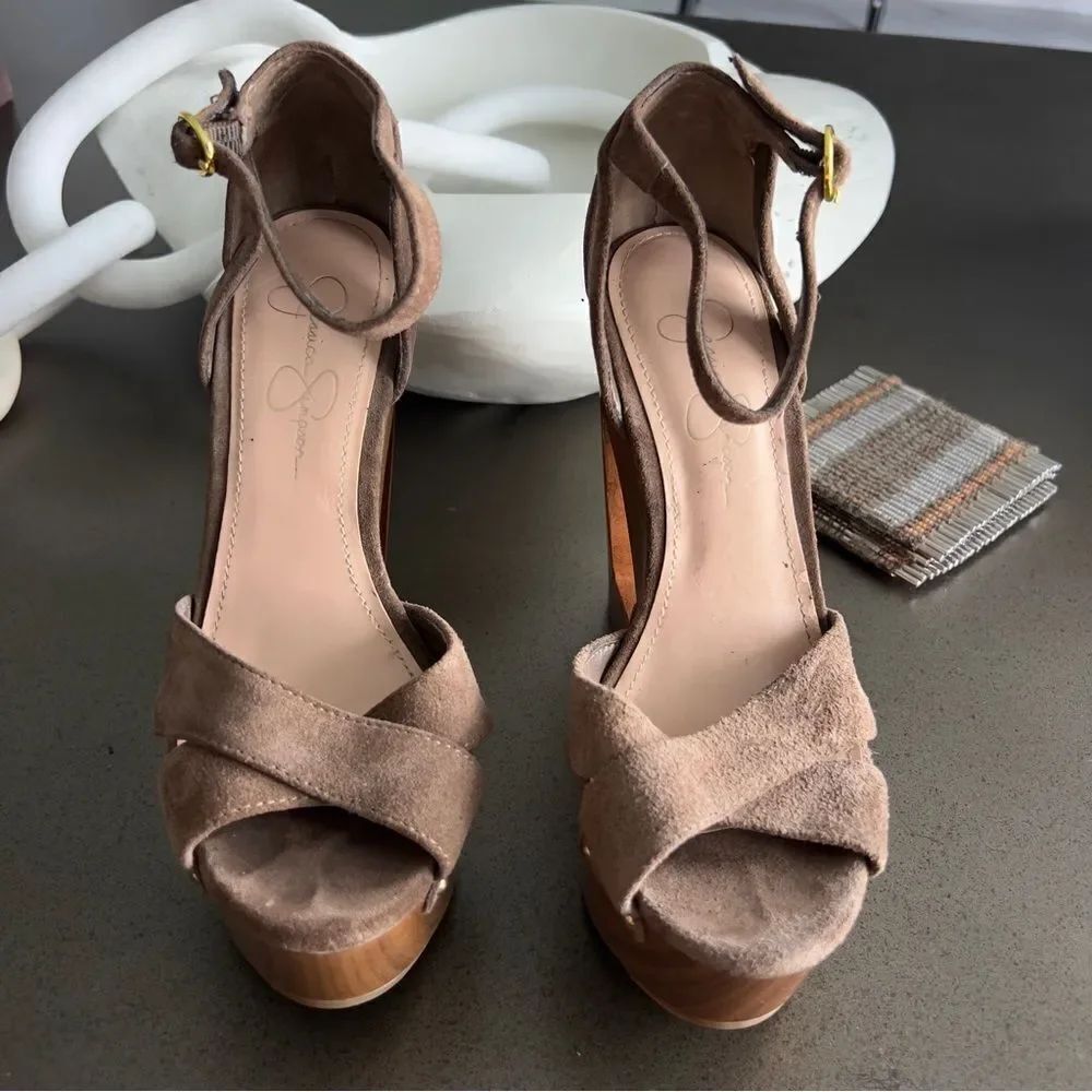 JESSICA SIMPSON Nikki Coffee Veronica Suede Wedge Heels Size 37B